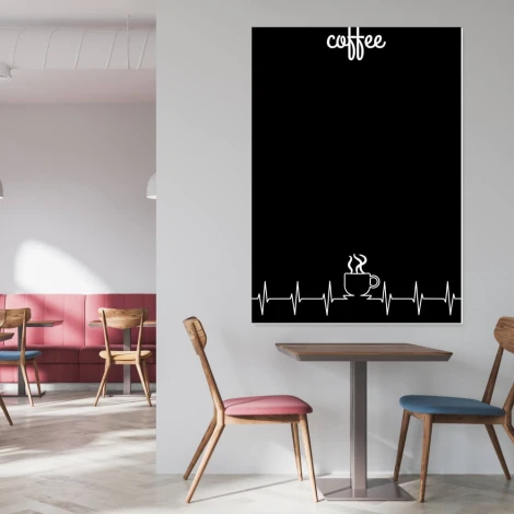 Chalkboard with coffee print 071 - Café decor. Light-colored walls, natural wood furniture.