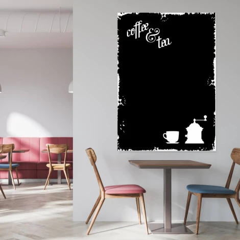 Chalkboard with coffee and tea print 020 - Café decor. Light-colored walls, wooden furniture.