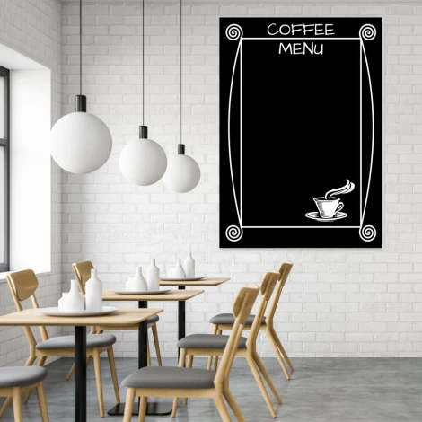 Chalkboard with coffee menu print 088 - Café decor. White walls, simple wooden furniture.
