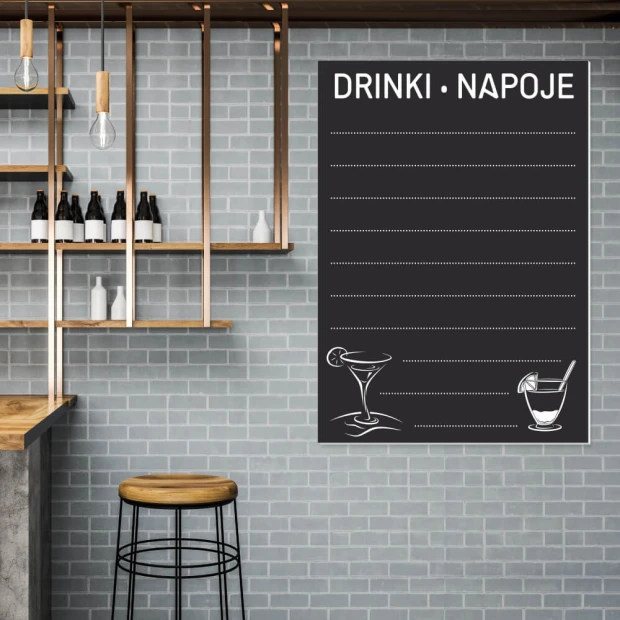 Chalkboard with drink print 023 - Kitchen decor. Gray brick walls and wooden furniture elements.