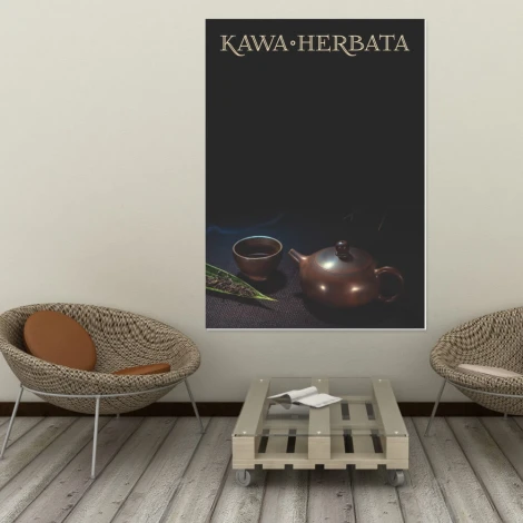 Chalkboard with coffee and tea print 026 - Styled in a modern room with light-colored walls and flooring.