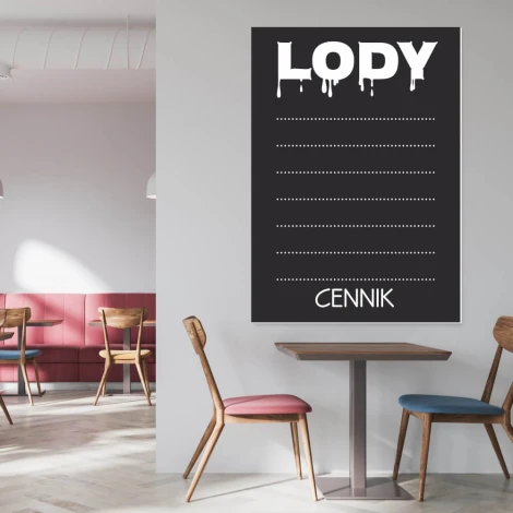 Chalkboard with ice cream print, ideal for café decor. Bright walls and wooden furniture create a cozy atmosphere.