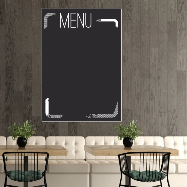 Chalkboard menu 011 - Café decor with dark wood walls and light furniture.