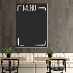Chalkboard menu 011 - Café decor with dark wood walls and light furniture.