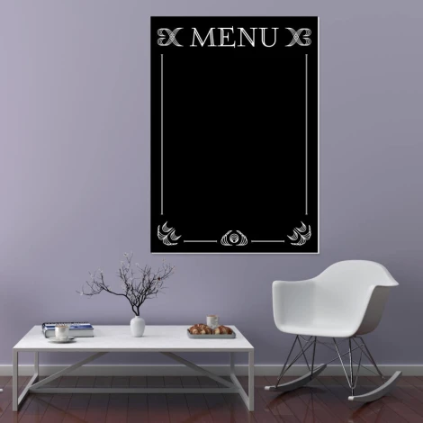 Chalkboard menu 017 - Styled in a modern interior with purple walls and wooden flooring.