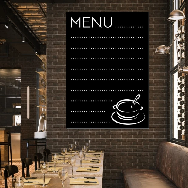 Chalkboard menu 021 - Restaurant decor with dark brick walls, wooden tables, and chairs.