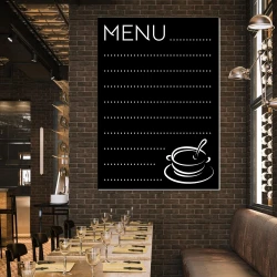 Chalkboard menu 021 - Restaurant decor with dark brick walls, wooden tables, and chairs.