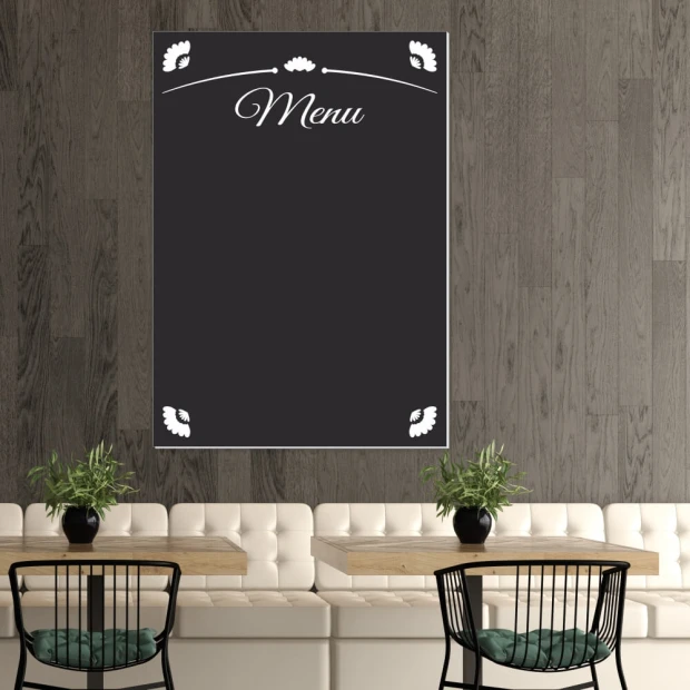 Chalkboard menu 022 - Café decor with dark wood walls, light furniture, and plants.