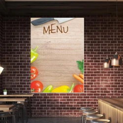 Chalkboard menu 027 - Restaurant decor with dark brick and wooden furniture.