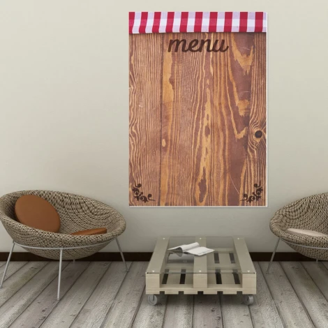 Chalkboard menu 028 - Café decor with light walls, wooden floor, and stylish furniture.