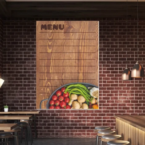 Chalkboard menu 030 - Restaurant decor with dark brick walls, wooden furniture, and lighting.
