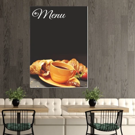 Chalkboard menu 031 - Café decor with brown walls, light furniture, and dark chairs.
