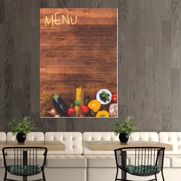 Chalkboard menu 032 - Restaurant decor with dark wood walls and light furniture.
