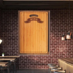 Chalkboard menu 033 - Ideal for restaurant decor. Dark bricks and wooden furniture create an industrial vibe.