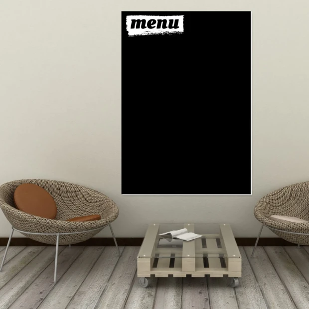 Chalkboard menu 070 - Café decor with light walls, wooden floor, and natural furniture.