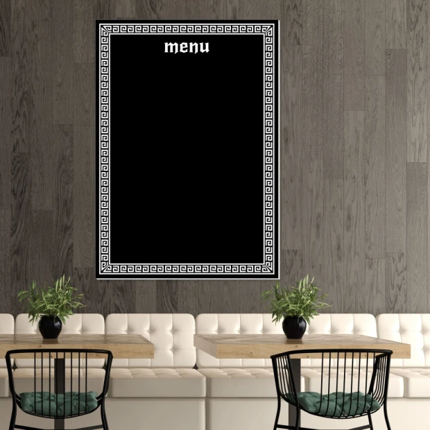 Chalkboard menu 075 - Café decor with brown walls, light furniture, and plants.