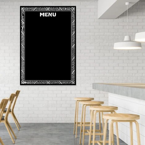Chalkboard menu 083 - Kitchen decor. Light-colored walls, simple wooden chairs.