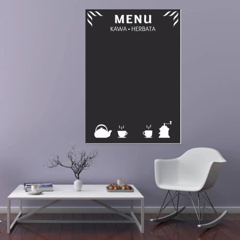 Chalkboard menu for coffee and tea - styled in a bright living room with minimalist furniture.
