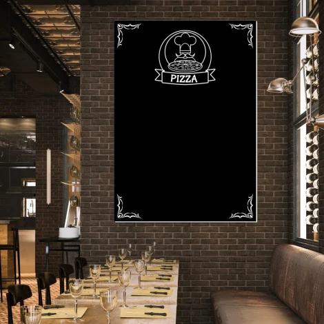 Chalkboard with pizza print 084 - Restaurant decor. Dark brick walls, wooden tables, and chairs.