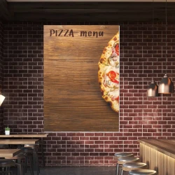 Chalkboard with pizza menu print 029 - Restaurant decor. Dark brick walls and wooden furniture.