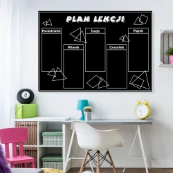 Chalkboard with lesson plan print 073 - Modern office setup with light-colored walls and pastel furniture.
