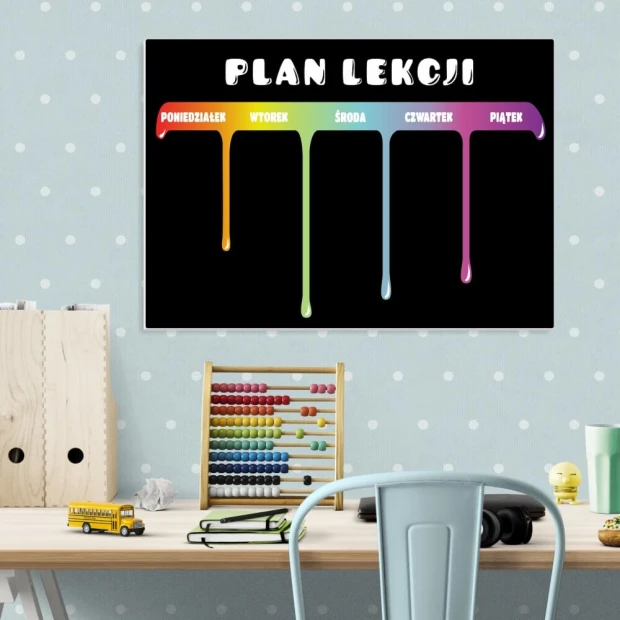 Chalkboard with lesson plan print 074 - Graphic design. Colorful days of the week text on a black background.