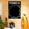Chalkboard with print promotion 078 - Store display. Light wood walls, mannequin in a coat nearby.