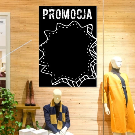 Chalkboard with print promotion 078 - Store display. Light wood walls, mannequin in a coat nearby.