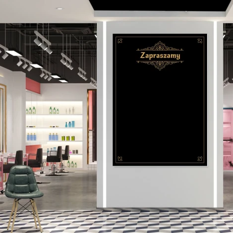 Chalkboard Welcome 046 - Decor for a hair salon with light-colored walls and a black-and-white checkered floor.