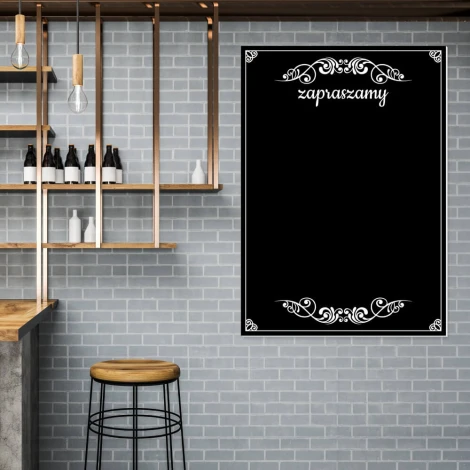 Chalkboard welcome sign 062 - Modern kitchen decor with gray brick walls, wooden countertop, and metal shelves.