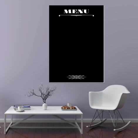 Chalkboard menu board 040 - Styled in a living room with light walls and minimalist furniture in neutral tones.