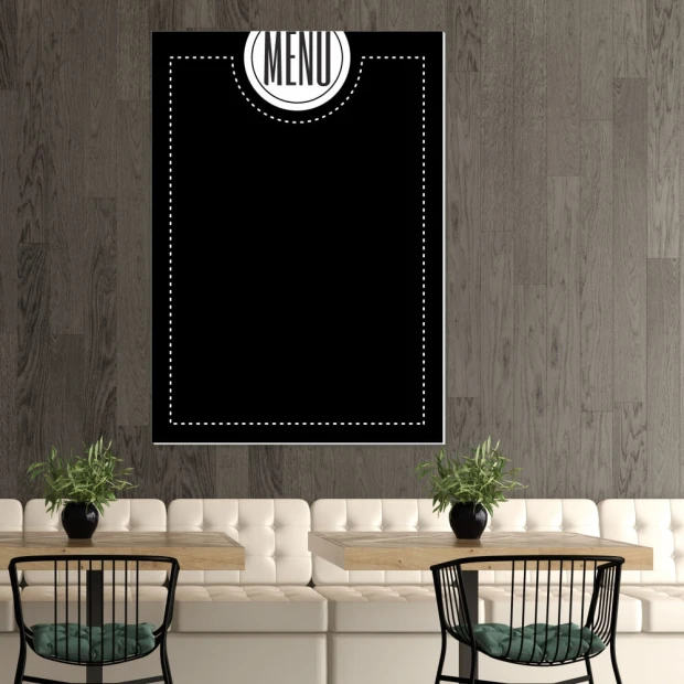 Chalkboard menu 041 - Cafe decor with brown walls, light furniture, and potted plants.