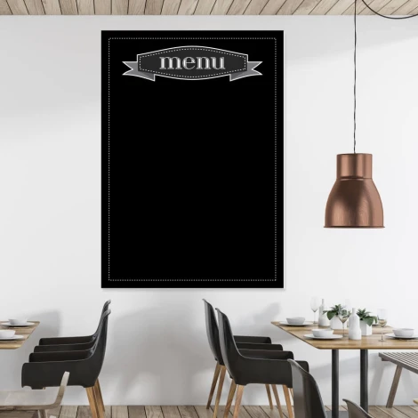 Chalkboard menu board 042 - Restaurant decor with light-colored walls, wooden furniture, and metal lamps.