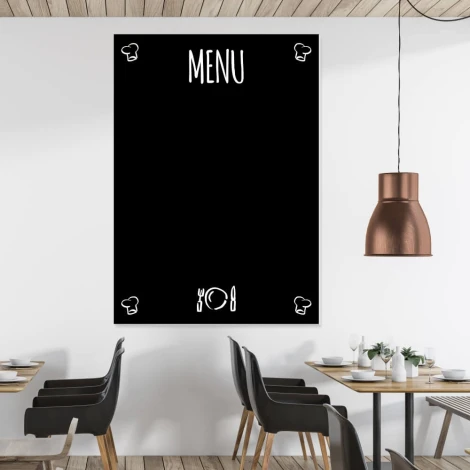 Chalkboard menu 043 - Black board with white MENU text and simple plate and cutlery icons.