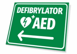 AED Defibrillator T561 - Graphic design with green background, white text, heart symbol, and left arrow.