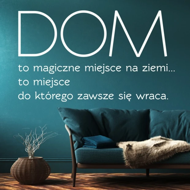 Home is a magical place sticker 1943 - Living room decor with a bold wall, dark sofa, and wooden floor.