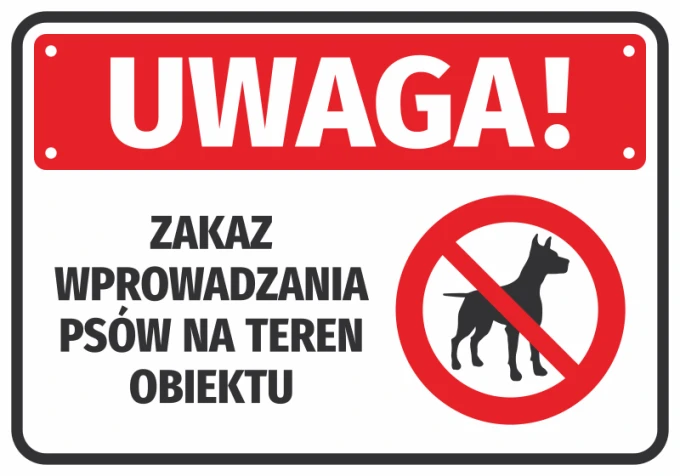 Warning sticker: No dogs allowed on the premises - Graphic design. Red rectangle with white background and black text.