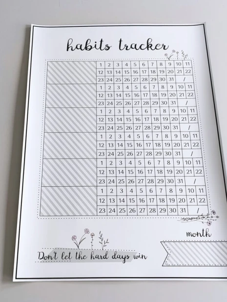 Magnetic dry-erase habits tracker board 463 - Graphic design with numbered days, floral motifs, and text.