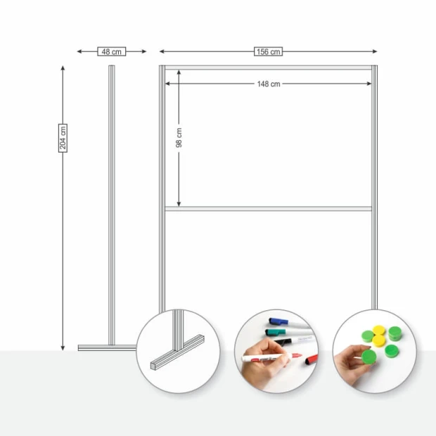 Magnetic dry-erase freestanding board in various colors, horizontal layout, graphic design, simple form.