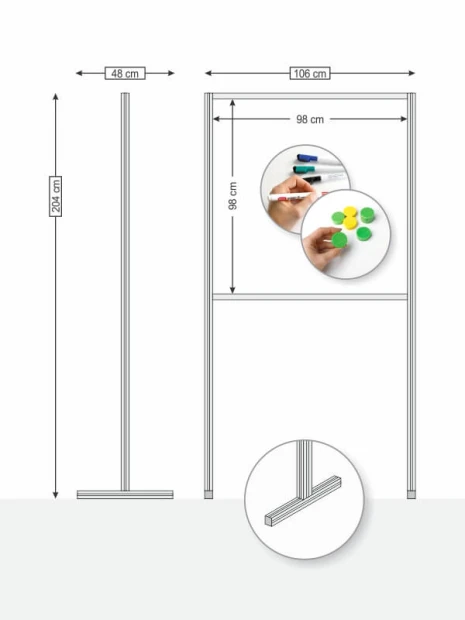 Freestanding magnetic whiteboard room divider with graphic design - horizontal layout. Circles in various colors.