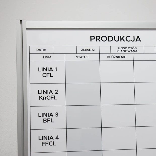 Magnetic dry-erase freestanding board with printed graphic design. Simple grid with horizontal and vertical lines.