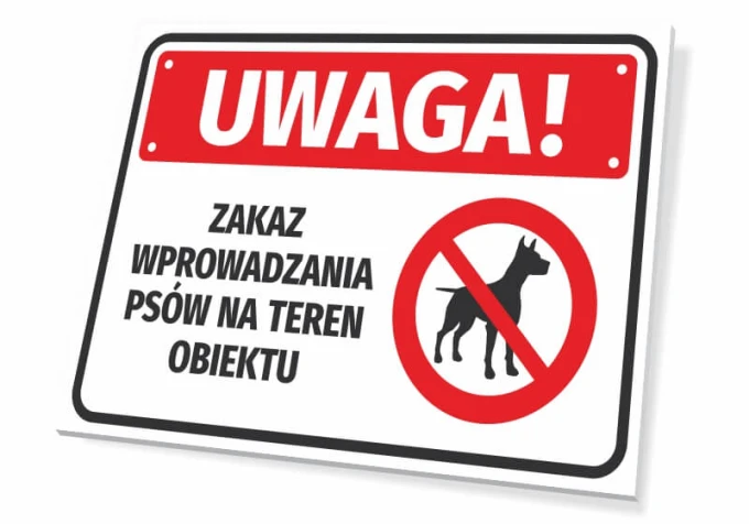Warning sign: No dogs allowed on the premises - Rectangular sign with a red border and white background.