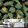 Leaf wallpaper 001 - Living room decor. Dark walls with green leaves on a black background.