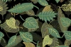 Leaf wallpaper 001 - Graphic pattern with leaves in various shapes and shades of green on a dark background.