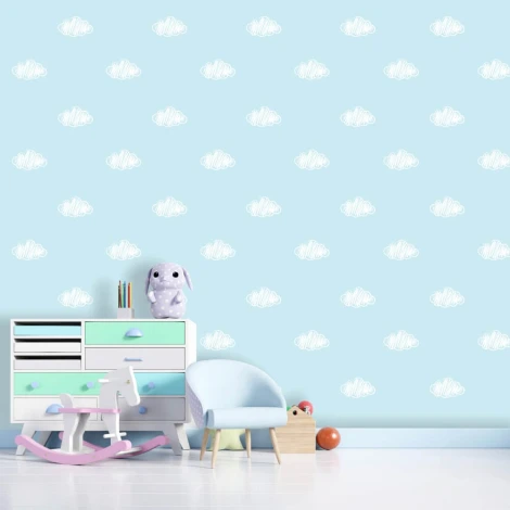 Children\'s cloud wallpaper 044 - Bright blue walls with white clouds in a kids\' room setting.