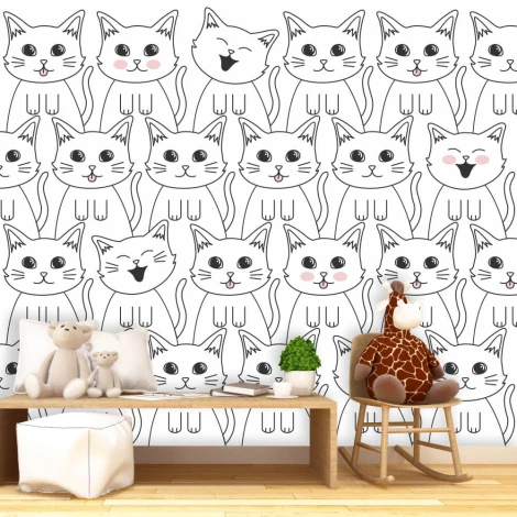 Kids\' wallpaper with cats 052 - Decor for a child\'s room. Bright walls, simple furniture, and toys.