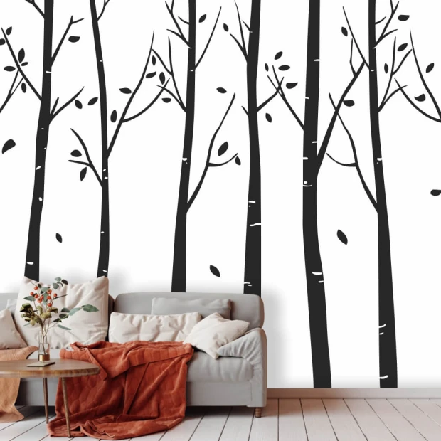 Tree wallpaper 050 - Living room setup with light walls, wooden floor, and a sofa with cushions.