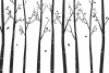 Tree wallpaper 050 - Graphic design featuring black trees with branches and leaves on a white background.