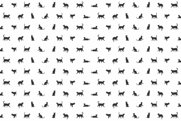 Kids\' room wallpaper with cats 046 - Graphic design featuring black cat silhouettes on a white background in various poses.