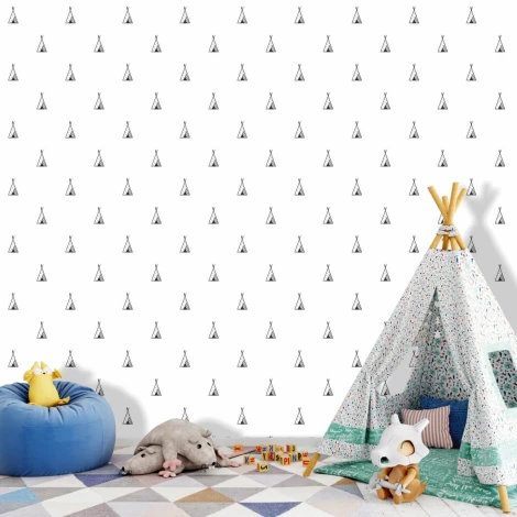 Tipi 058 children\'s room wallpaper - Graphic pattern with small black tipis on a white background in a regular layout.